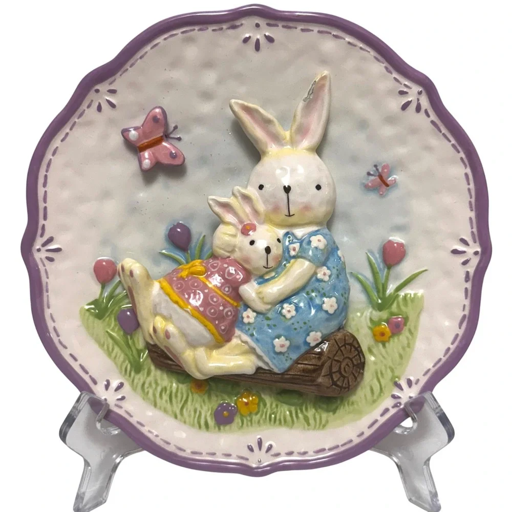 Set of 3 3-D Easter Bunny Rabbit Plates Spring‎ Figurines Butterflies Flowers